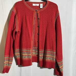 Mrs Lee Fair Isle Cardigan Sweater Red Nordic Knit Button Front Long Sleeve